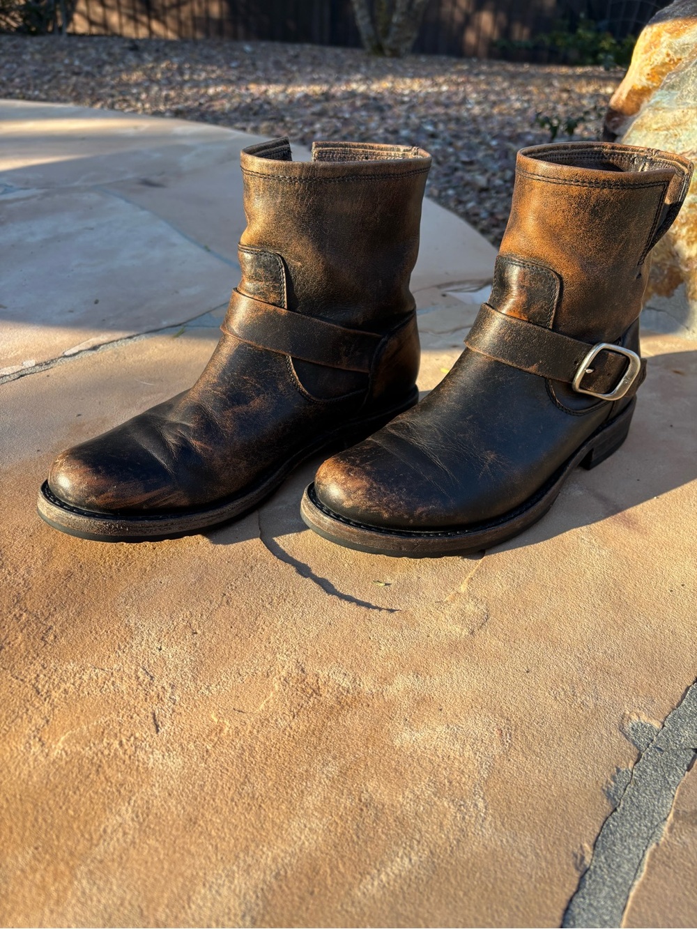 Frye Brown Distressed Leather Harness Boots
